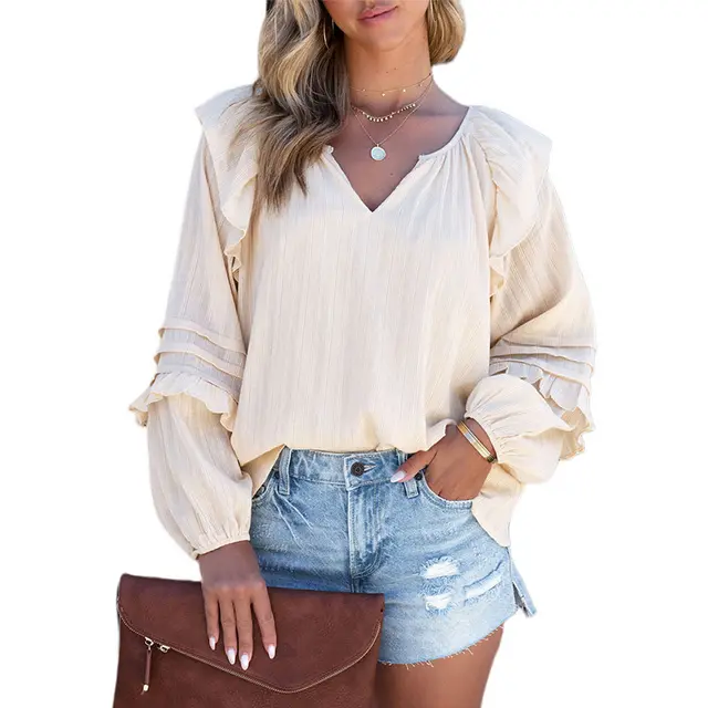 Solid Color And V neck Ruffled Puff Sleeve Shirt European And American Leisure Pullover Beige - Shop at LoveMi