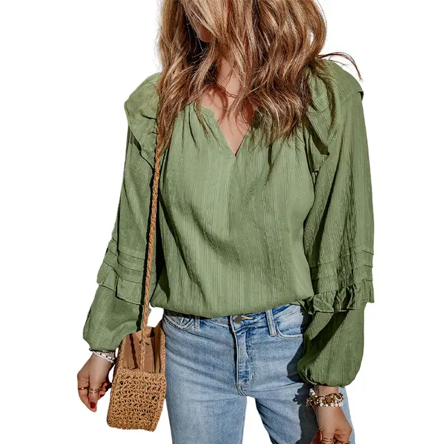 Solid Color And V neck Ruffled Puff Sleeve Shirt European And American Leisure Pullover Green - Shop at LoveMi