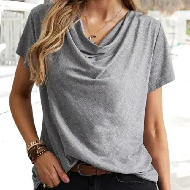Solid Color Casual Fashion V neck Short Sleeve T shirt For Women Gray - Shop at LoveMi