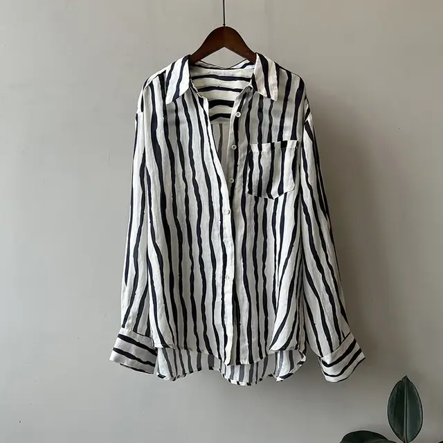 Vertical Striped Long sleeved Shirt Lightweight Sun Protection Top Dark Navy Blue - Shop at LoveMi