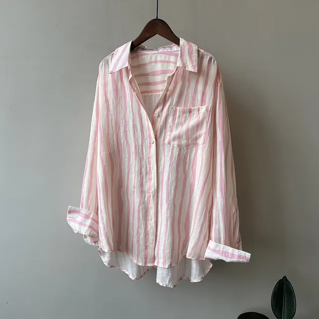 Vertical Striped Long sleeved Shirt Lightweight Sun Protection Top Pink - Shop at LoveMi