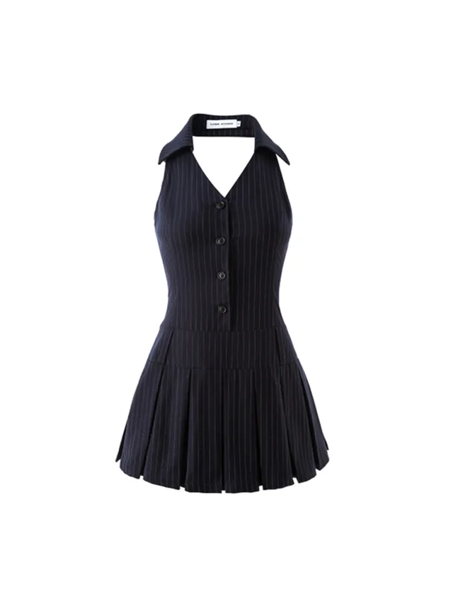 French Kikyo Hanging Neck Off Shoulder Spicy Girl Dress Dark Blue - Shop at LoveMi