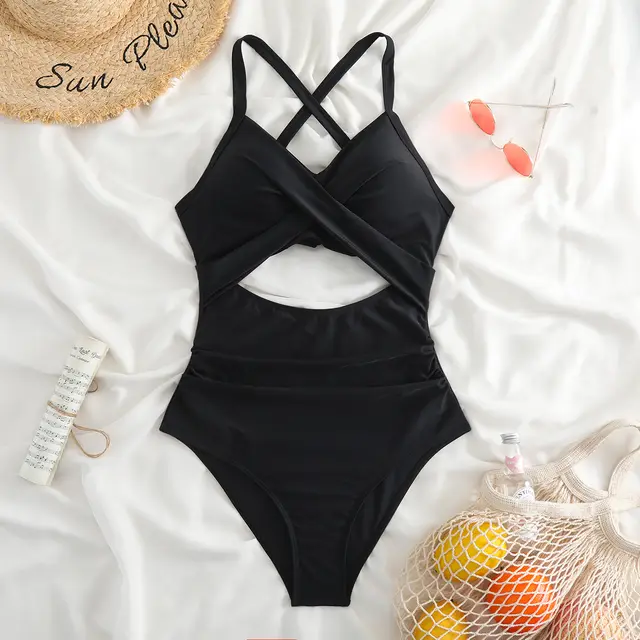European And American New One Piece Swimsuit Color Matching Cross Strap Black - Shop at LoveMi