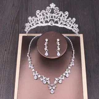 Bridal Rhinestone Crown Necklace Set Wedding Accessories - Style 2