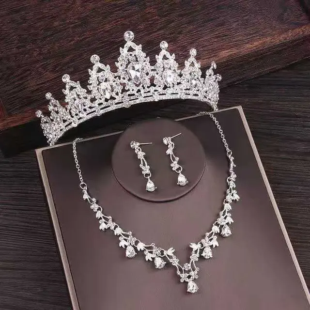 Bridal Rhinestone Crown Necklace Set Wedding Accessories White - Shop at LoveMi