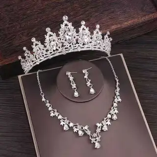 Bridal Rhinestone Crown Necklace Set Wedding Accessories - White