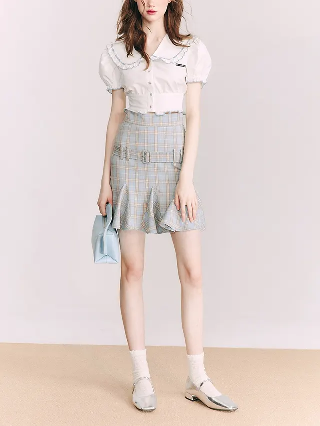 Small Shirt Puff Sleeve Navy Style French Style Peter Pan Collar Short Sleeve Suit - Shop at LoveMi