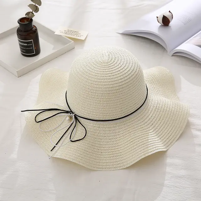 Women's Wavy Edge Big Brim Straw Hat Korean Travel Black White Milk White - Shop at LoveMi