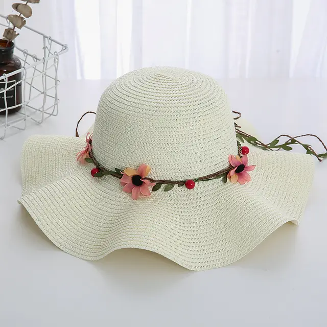 Women's Wavy Edge Big Brim Straw Hat Korean Travel Grass Ring Milky White - Shop at LoveMi
