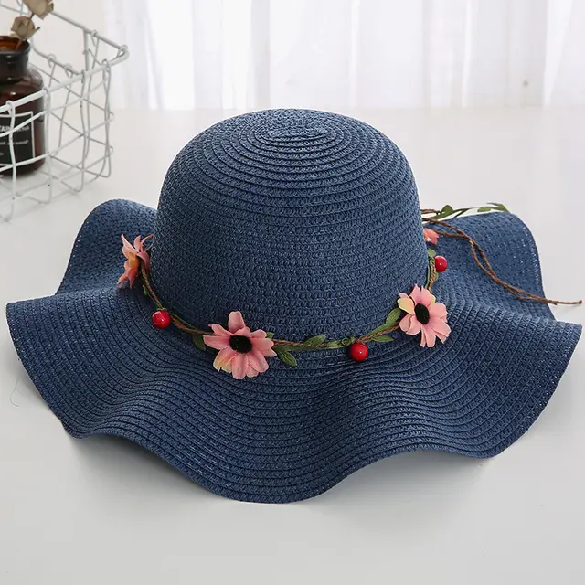 Women's Wavy Edge Big Brim Straw Hat Korean Travel Grass Ring Navy Blue - Shop at LoveMi