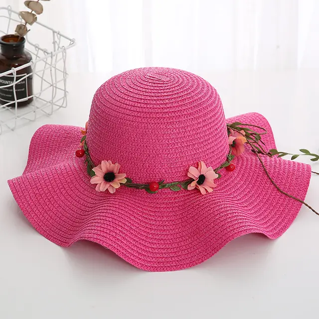 Women's Wavy Edge Big Brim Straw Hat Korean Travel Grass Ring Rose Red - Shop at LoveMi