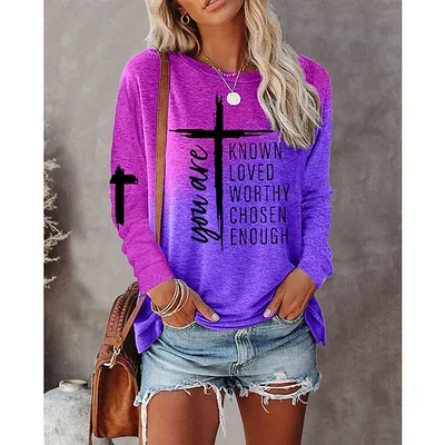 Gradient Text Printing Long Sleeve Round Neck Top Dark Violet Xs - Shop at LoveMi