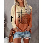 Gradient Text Printing Long Sleeve Round Neck Top - Orange