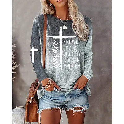 Gradient Text Printing Long Sleeve Round Neck Top Silver Gray - Shop at LoveMi