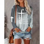Gradient Text Printing Long Sleeve Round Neck Top - Silver Gray