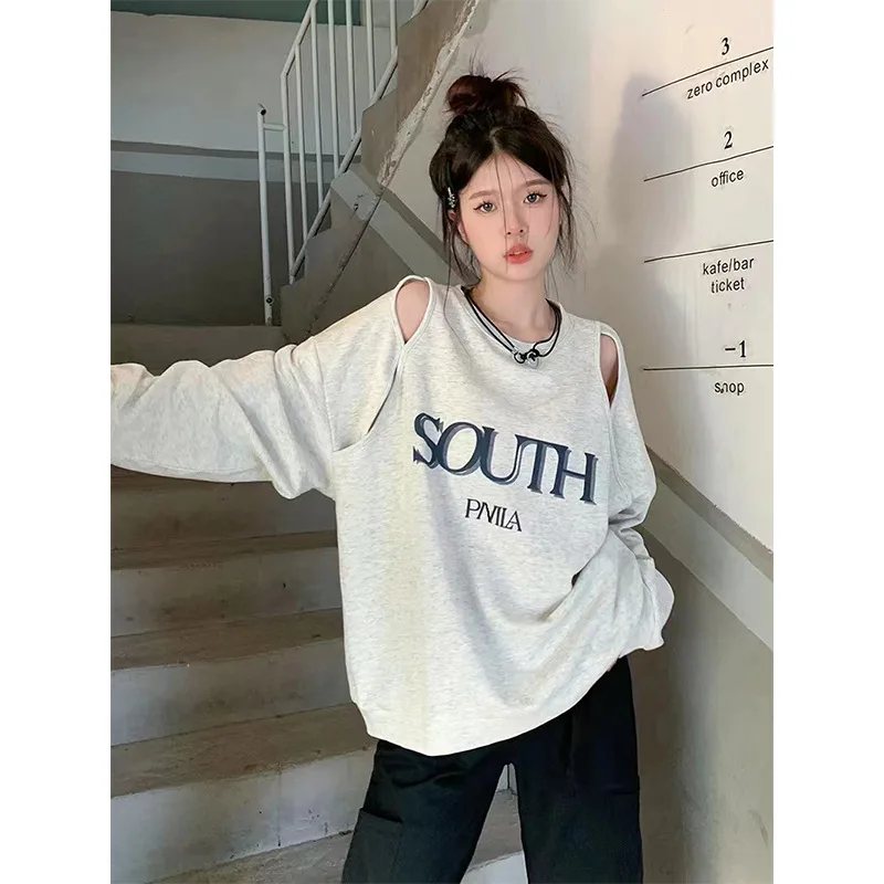 Women's Niche Letter Printed Round Neck Pullover Gray - Shop at LoveMi