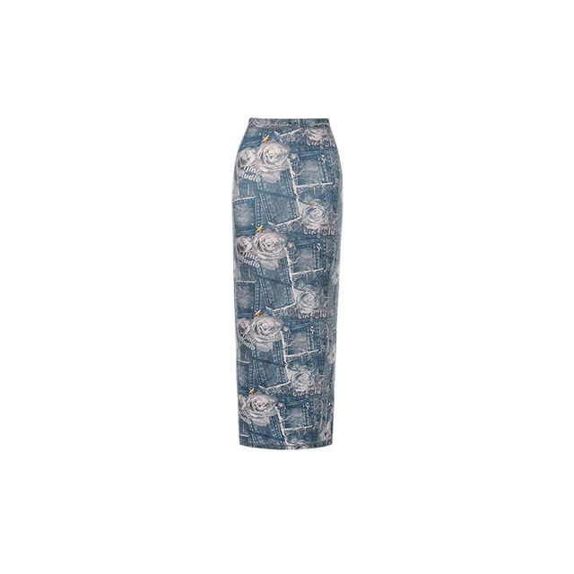 Ladies Design Printed Hip Cover Slim One Step Long Dress Blue - Shop at LoveMi