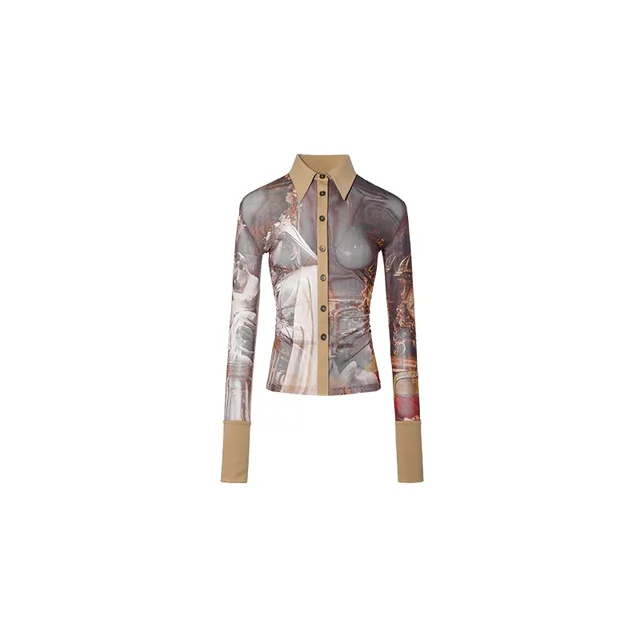 Mid length Printed Mesh Pleated Waist Shirt Brown - Shop at LoveMi