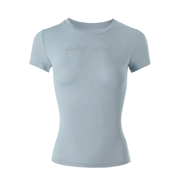 Hot Diamond Comfortable Elastic Short sleeved Round Neck Light Blue Round Neck - Shop at LoveMi