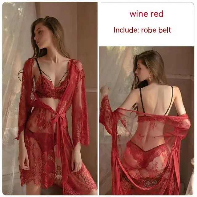 Transparent Lace Thin Pajamas Gathered Together Red Robebelt - Shop at LoveMi
