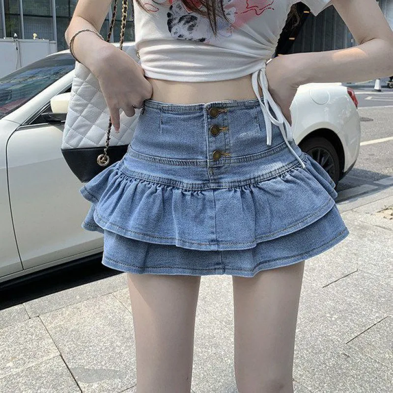 Pure Denim Skirt Women's Summer Anti exposure Single breasted Light Blue - Shop at LoveMi