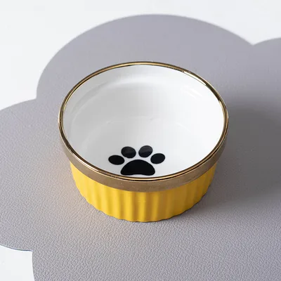 Cat Bowl Cervical Spine Protection Anti tumble Double Bowl Single Yellow Paw Print Bowl - Shop at LoveMi