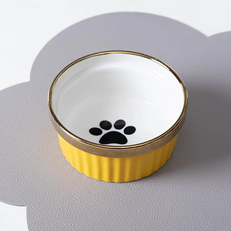 Cat Bowl Cervical Spine Protection Anti tumble Double Bowl Single Yellow Paw Print Bowl - Shop at LoveMi