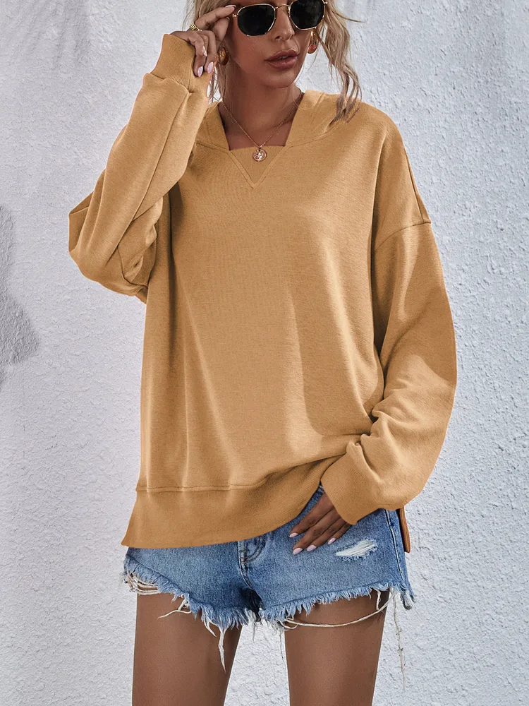 Women's Fleece-lined Hooded Casual Loose Sweater - Camel - View 1