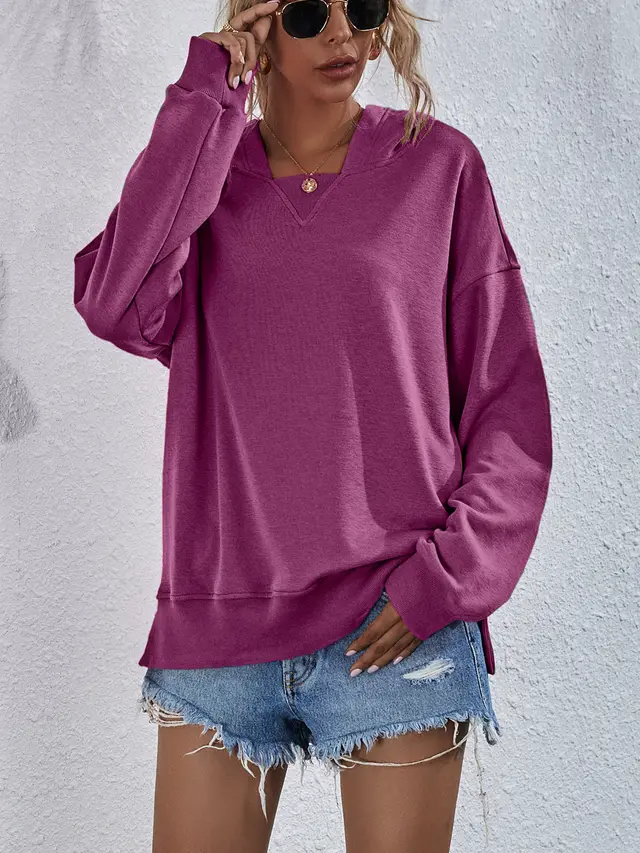 Women's Fleece lined Hooded Casual Loose Sweater Purplish Red - Shop at LoveMi