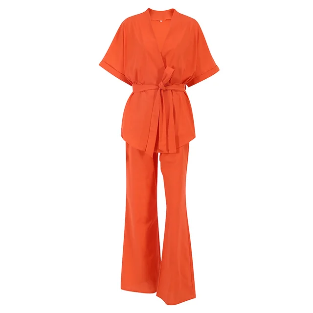 Cotton And Linen Short sleeved Trousers Two piece Set Belt Design Casual Women's Clothing Orange - Shop at LoveMi