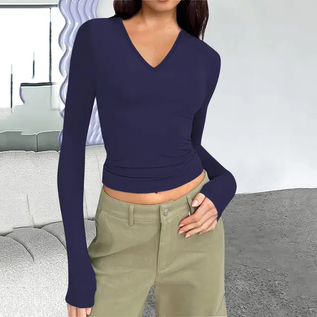 Women's Fashionable Simple V neck Long sleeved Slim fit All match T shirt Top Dark Blue - Shop at LoveMi