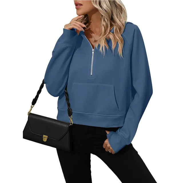 Women's Half Zip Pullover Hooded Sweatshirt Fleece Short Chic Sweatshirt Dark Blue - Shop at LoveMi