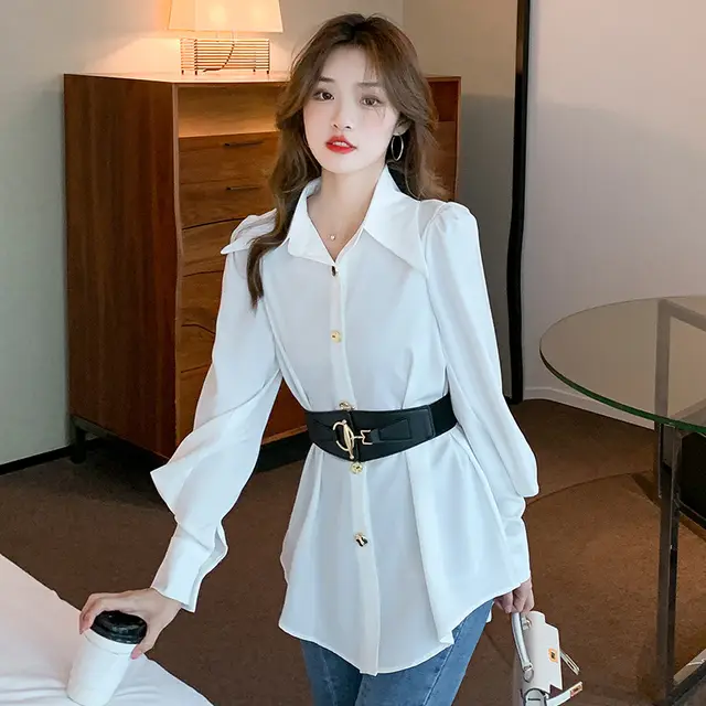 New Spring Elegant Long Sleeve Blouse Metal Buckle With Belt White - Shop at LoveMi