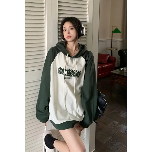 Women's Embroidered Letter Raglan Sleeve Hooded Sweater Green - Shop at LoveMi