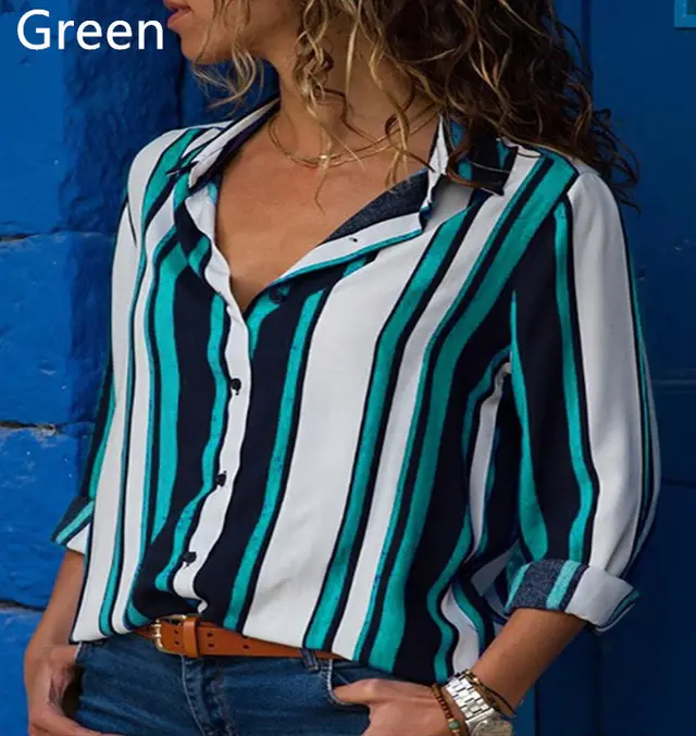 Contrast Color Striped Long Sleeve Multi color Shirt Women's Top Green - Shop at LoveMi