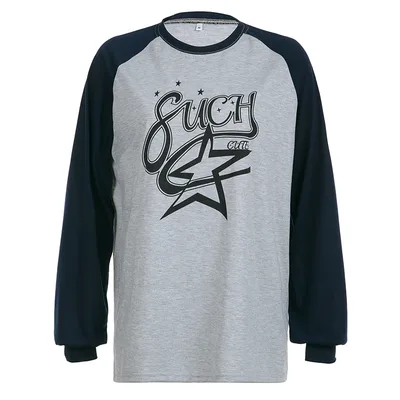 Casual Pentagram Printed Raglan Sleeve T shirt Gray - Shop at LoveMi