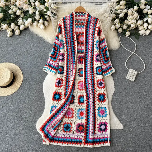 Bohemian Vacation Ethnic Print Vintage Long Style Long Sleeve Shawl Cardigan Red - Shop at LoveMi