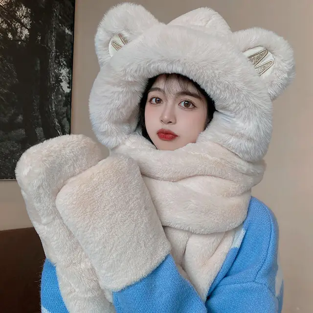 Women's Autumn And Winter Cute Plush Bonnet Thick Warm Scarf Gloves Three piece Set M Ear Adult Style Apricot - Shop at LoveMi