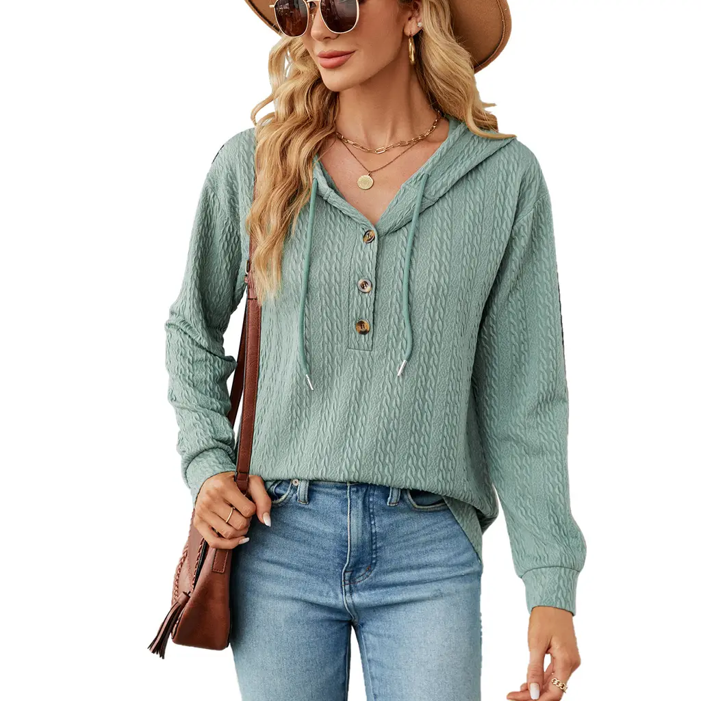 Women's Fashion Simple Solid Color Hooded Button Loose Long Sleeve Sweatershirt - Dark Green