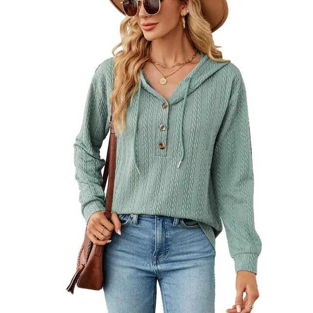 Women's Fashion Simple Solid Color Hooded Button Loose Long Sleeve Sweatershirt Dark Green - Shop at LoveMi