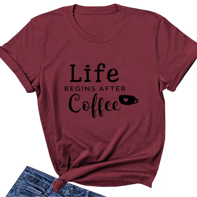 Letter Loose Round Neck T shirt Wine Red - Shop at LoveMi