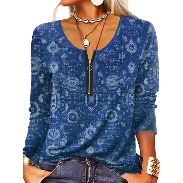 Women's Graceful And Fashionable Long Sleeve Zip Ethnic T shirt Blue - Shop at LoveMi