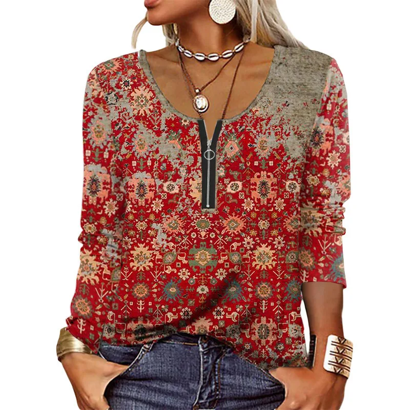 Women's Graceful And Fashionable Long Sleeve Zip Ethnic T shirt Red - Shop at LoveMi