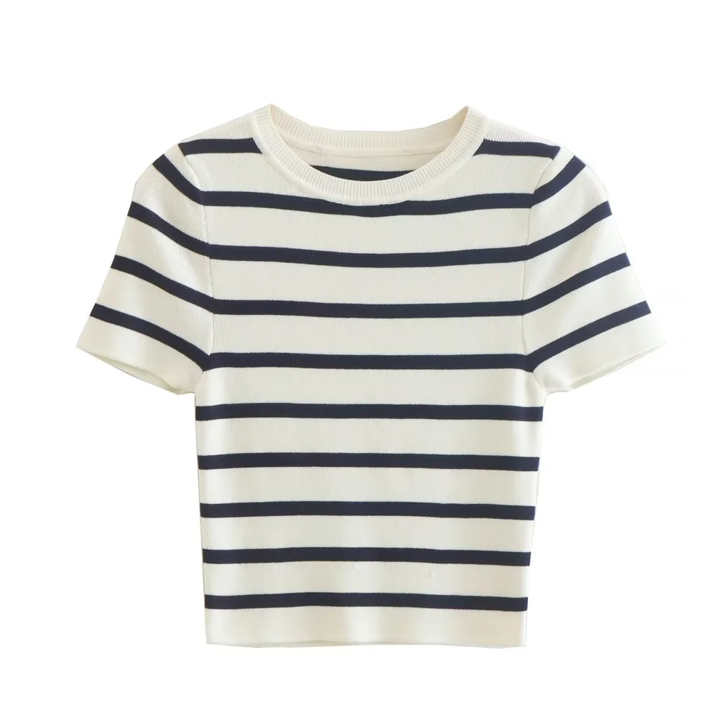 Striped Round Neck Short Sleeve Knitted Sweater - Black