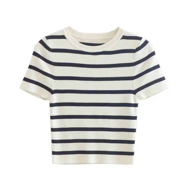 Striped Round Neck Short Sleeve Knitted Sweater Black - Shop at LoveMi