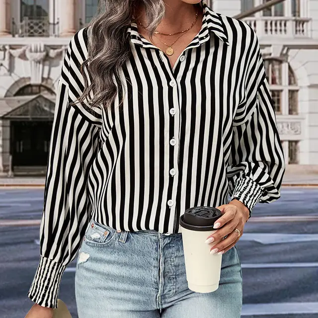 New European And American Long sleeved Commuter Striped Shirt For Women Black - Shop at LoveMi