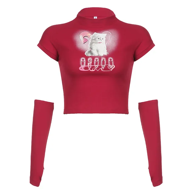Cat Printing Cropped T shirt Street Style Red - Shop at LoveMi