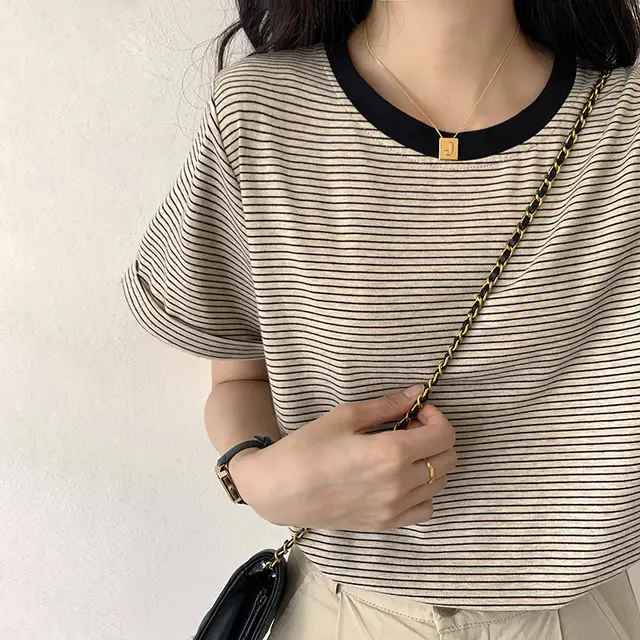 Autumn And Winter Brown Pullover Base Short Sleeve Turtleneck Round Neck Temperament Commute Striped Loose Cotton Base Shirt Black - Shop at LoveMi