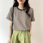 Autumn And Winter Brown Pullover Base Short Sleeve Turtleneck Round Neck Temperament Commute Striped Loose Cotton Base Shirt - Green