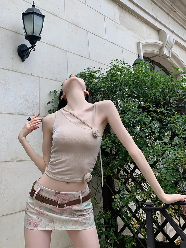 Champagne Cross Rose Shoulder Strap Top Low Waist Short Skirt Two piece Suit Camisole - Shop at LoveMi